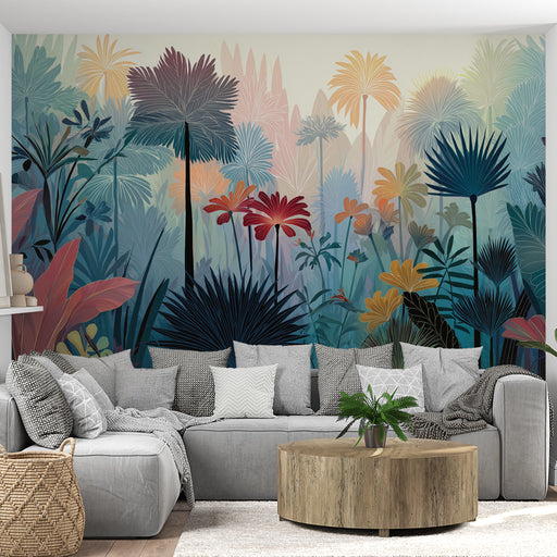Un salon moderne avec un papier peint tropical aux motifs colorés de palmiers et fleurs, créant une ambiance vivante et apaisante.