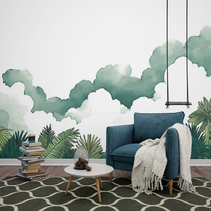 Une pièce moderne avec un papier peint tropical aux nuances vertes représentant des nuages et des feuillages, créant une ambiance apaisante et naturelle.