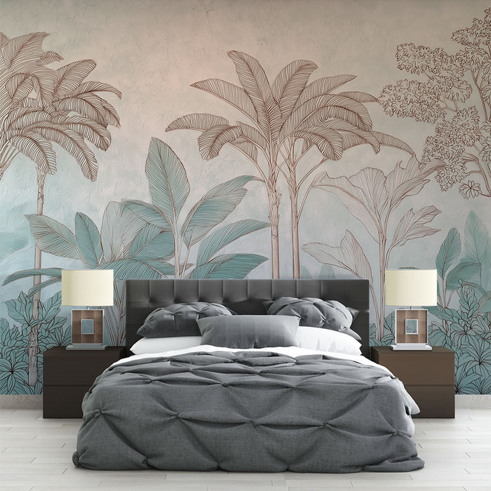 Une chambre moderne avec un papier peint tropical aux motifs de palmiers et de feuillages délicats dans des teintes douces de bleu et beige, créant une atmosphère apaisante.