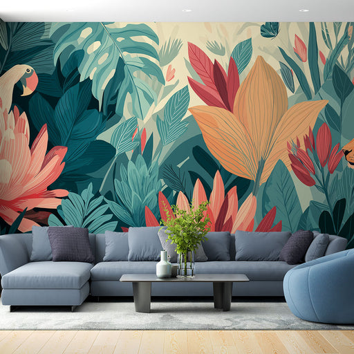 Un salon moderne avec un papier peint tropical coloré représentant de grandes feuilles et des fleurs aux teintes vives, créant une atmosphère vivante et accueillante.