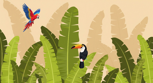 Papier peint jungle tropicale Oiseaux colorés et feuillage luxuriant