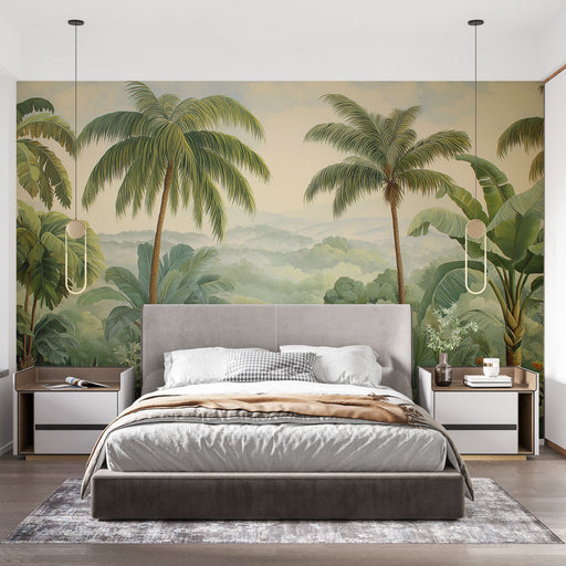 Une chambre moderne avec un papier peint tropical représentant de majestueux palmiers sur fond de montagnes verdoyantes, créant une atmosphère apaisante et naturelle.