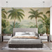 Une chambre moderne avec un papier peint tropical représentant de majestueux palmiers sur fond de montagnes verdoyantes, créant une atmosphère apaisante et naturelle.