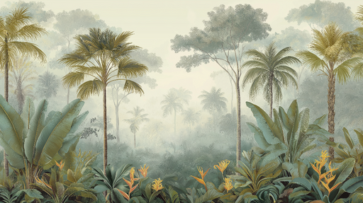 Papier peint jungle tropicale Paysage brumeux avec palmiers et feuillage luxuriant