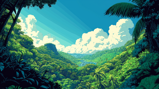 Papier peint jungle tropicale Paysage luxuriant avec fonds aquatiques et ciel bleu