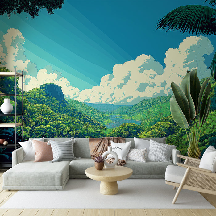 Papier peint jungle tropicale | Paysage luxuriant avec fonds aquatiques et ciel bleu