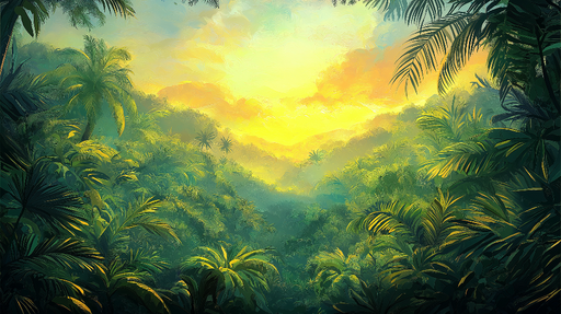 Papier peint jungle tropicale Paysage luxuriant avec lumière dorée