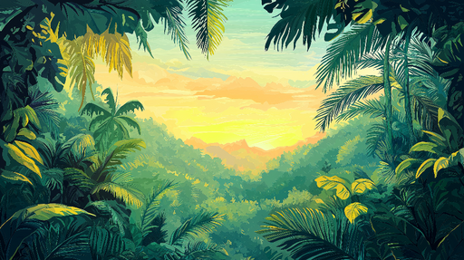 Papier peint jungle tropicale Paysage luxuriant avec palette colorée au coucher du soleil