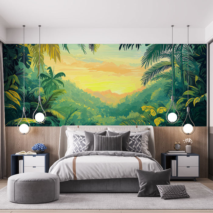 Papier peint jungle tropicale | Paysage luxuriant avec palette colorée au coucher du soleil