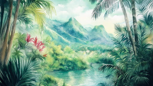 Papier peint jungle tropicale Paysage luxuriant avec rivières et montagnes