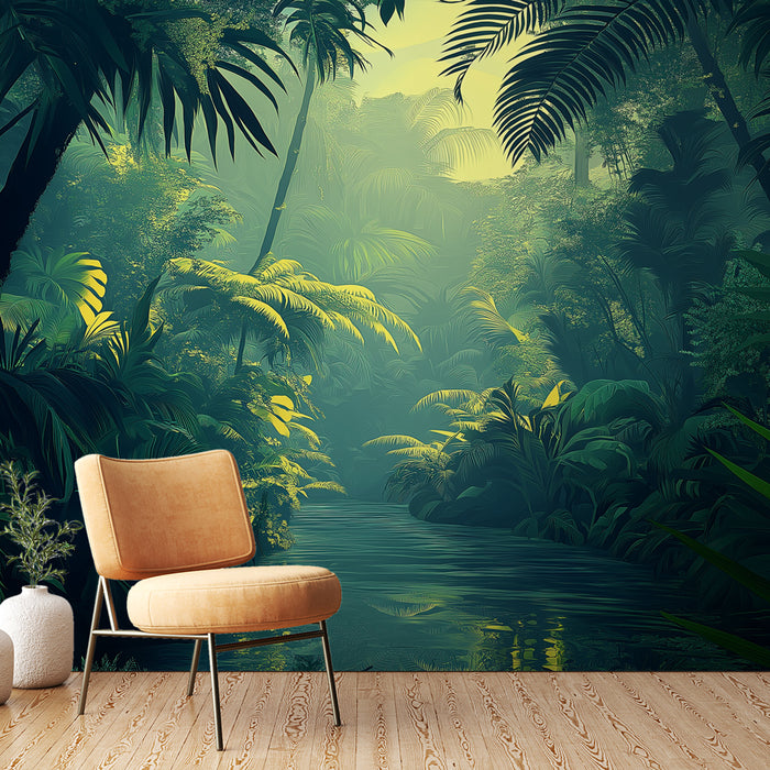 Papier peint jungle tropicale | Paysage luxuriant et apaisant d'une jungle verdoyante