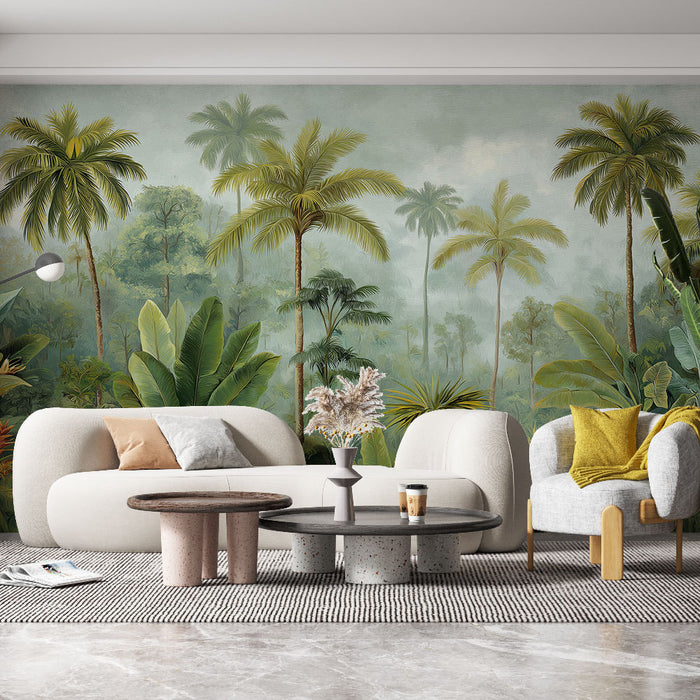 Un salon contemporain avec un papier peint tropical représentant une jungle luxuriante aux palmiers majestueux et aux feuillages variés, créant une atmosphère apaisante et naturelle.