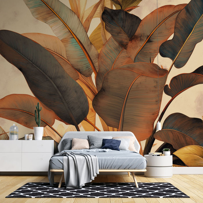 Une chambre moderne avec un papier peint tropical aux grandes feuilles dans des teintes chaudes et terreuses, créant une atmosphère apaisante et naturelle.