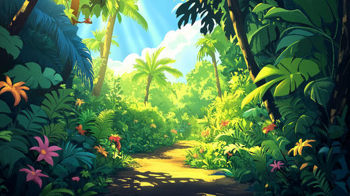 Papier peint jungle tropicale Un chemin lumineux au cœur d'une végétation luxuriante