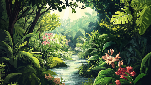 Papier peint jungle tropicale Un paysage luxuriant avec des feuilles et des fleurs colorées