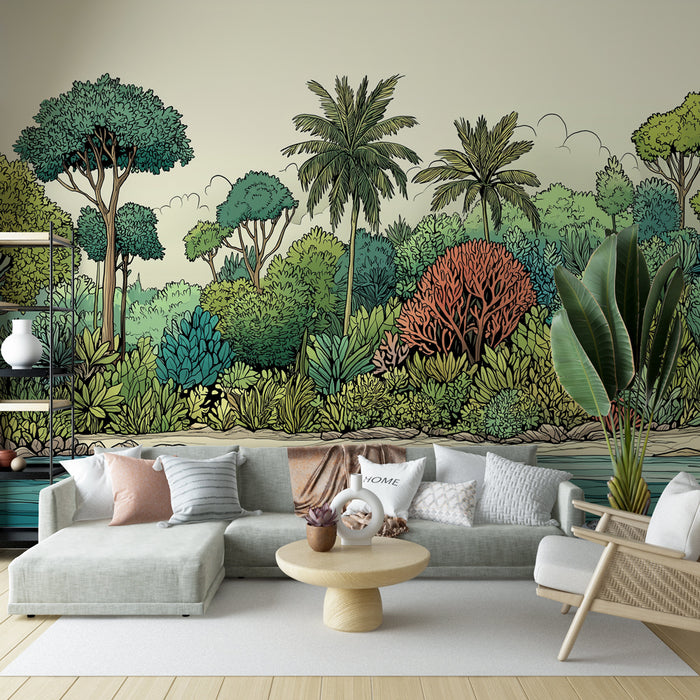 Un salon lumineux avec un papier peint mural illustrant une jungle tropicale, aux teintes vertes et touches de corail, créant une ambiance vivante et naturelle.