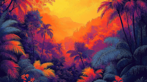 Papier peint jungle tropicale Un paysage vibrant avec des palmiers colorés et un ciel flamboyant