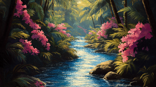 Papier peint jungle tropicale Un ruisseau scintillant entouré de fleurs roses vives