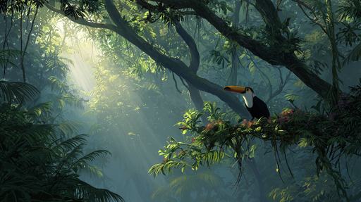 Papier peint jungle tropicale Un toucan se reposant parmi une végétation luxuriante et ensoleillée