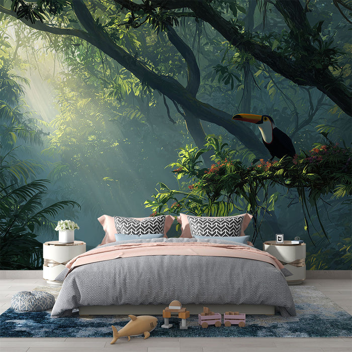 Papier peint jungle tropicale | Un toucan se reposant parmi une végétation luxuriante et ensoleillée