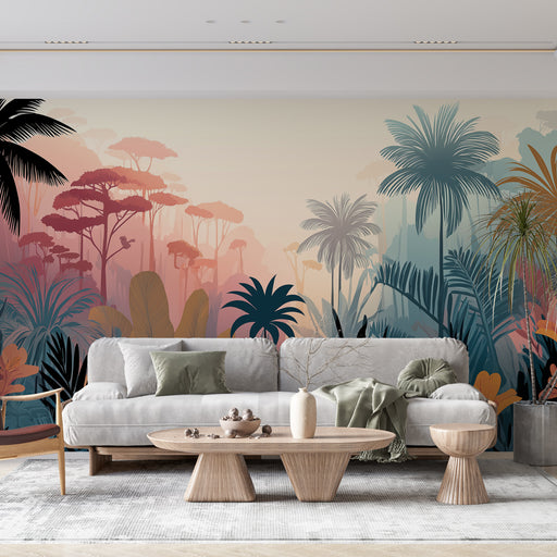 Une pièce de vie moderne avec un papier peint tropical aux teintes douces et pastel, représentant une végétation luxuriante et apaisante.