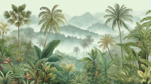 Papier peint jungle tropicale Végétation luxuriante et montagnes brumeuses