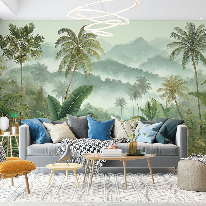 Un salon lumineux avec un papier peint tropical représentant une jungle luxuriante aux teintes vertes et bleutées, créant une atmosphère apaisante et naturelle.