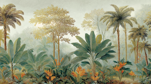 Papier peint jungle tropique Végétation luxuriante avec des palmiers et des fleurs exotiques