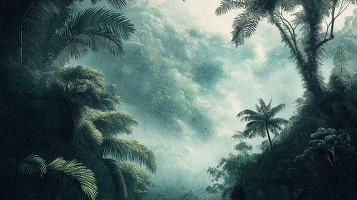 Papier peint jungle Un paysage de jungle luxuriant et brumeux
