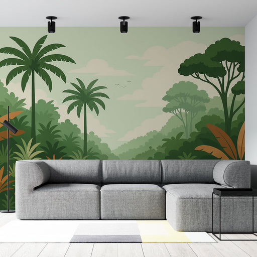 Un salon moderne avec un papier peint tropical représentant une jungle luxuriante aux nuances de vert, créant une atmosphère apaisante et naturelle.