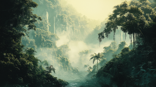 Papier peint jungle Un paysage tropical mystique avec palmiers et brume