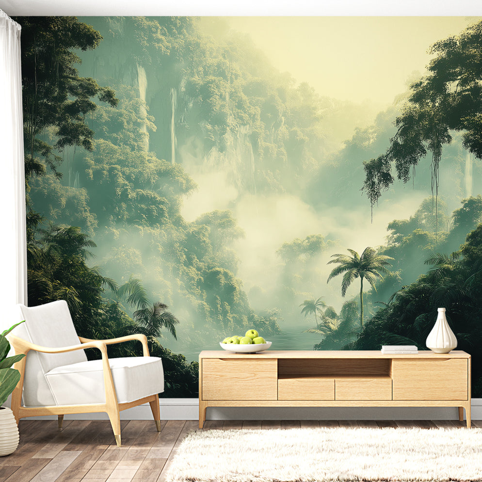 Papier peint jungle | Un paysage tropical mystique avec palmiers et br ...