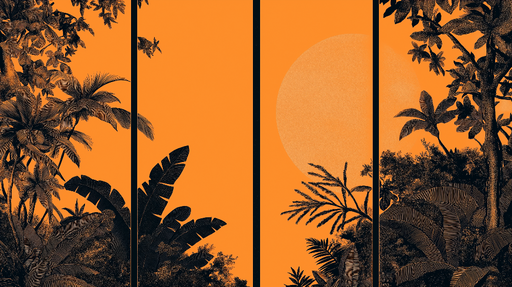 Papier peint jungle Un paysage tropical sur fond orange avec des silhouettes de feuillage