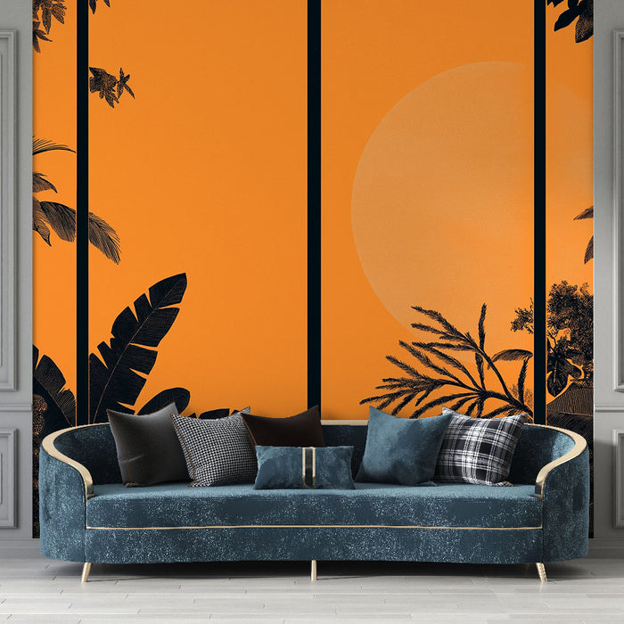 Papier peint jungle | Un paysage tropical sur fond orange avec des silhouettes de feuillage