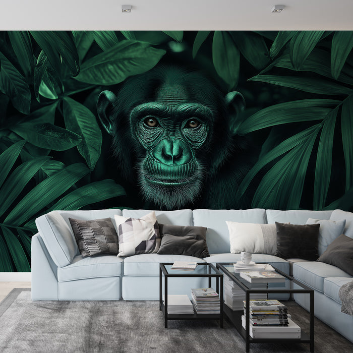 Papier peint jungle | Un singe au milieu des feuillages luxuriants
