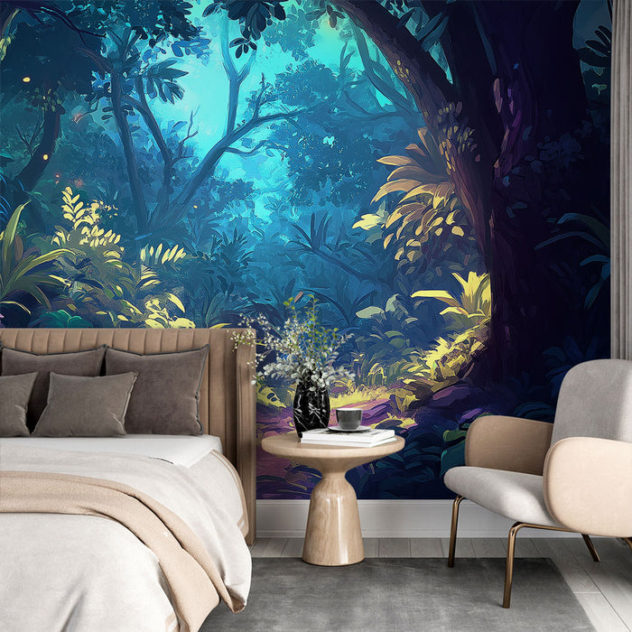 Papier Peint Fresque De La Jungle Bleu | Animaux Jungle Papier Peint Fresque De La Jungle Bleu | Animaux Jungle