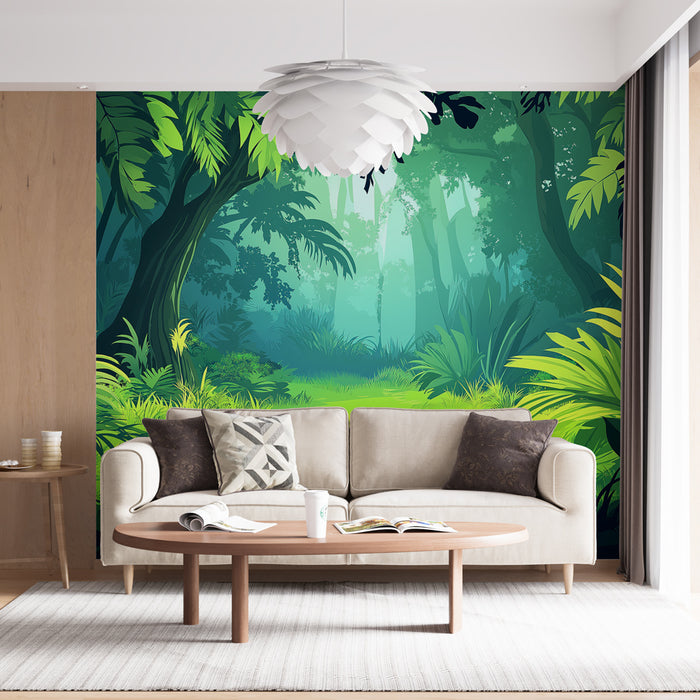 Papier peint jungle | Une forêt tropicale illuminée par des reflets verdoyants