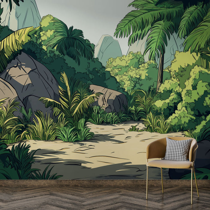 Papier peint jungle | Une scène tropicale luxuriante avec des palmiers et des rochers