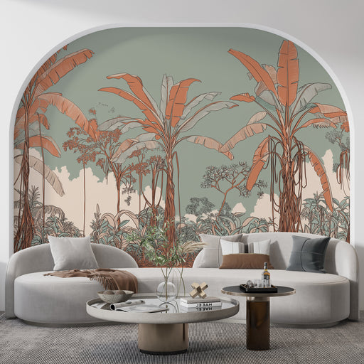 Un salon moderne avec un papier peint tropical aux teintes vertes et terracotta, représentant des palmiers stylisés dans une ambiance apaisante et naturelle.