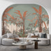 Un salon moderne avec un papier peint tropical aux teintes vertes et terracotta, représentant des palmiers stylisés dans une ambiance apaisante et naturelle.