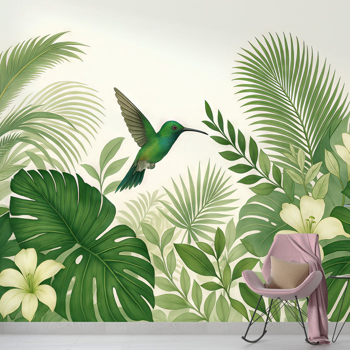 Une chambre moderne avec un papier peint tropical représentant un colibri vibrant entouré de feuillages luxuriants et de fleurs blanches, créant une ambiance fraîche et vivante.