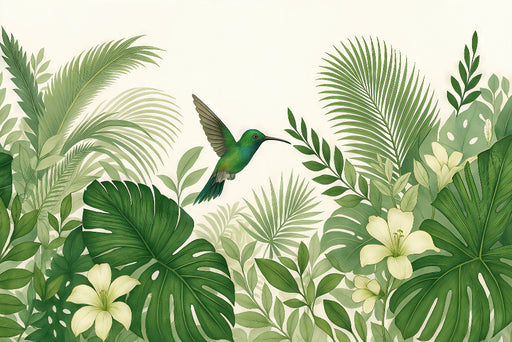 Papier peint tropical représentant un colibri vibrant au milieu de grandes feuilles vertes et de fleurs blanches, créant une ambiance fraîche et vivante.