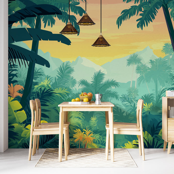 Papier peint jungle | Vibrante toile de fond de jungle tropicale au coucher du soleil