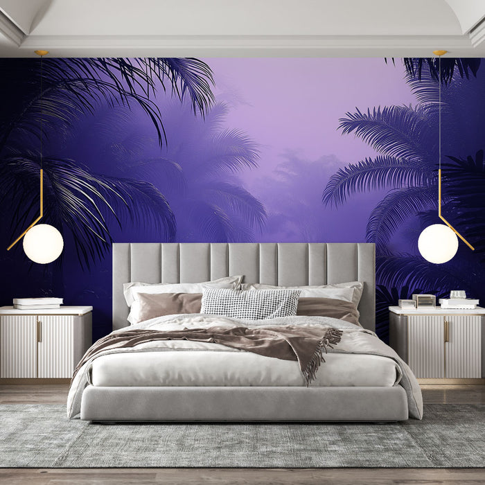 Une chambre moderne avec un papier peint tropical aux nuances violettes et bleues, représentant des palmiers dans une ambiance sereine et apaisante.