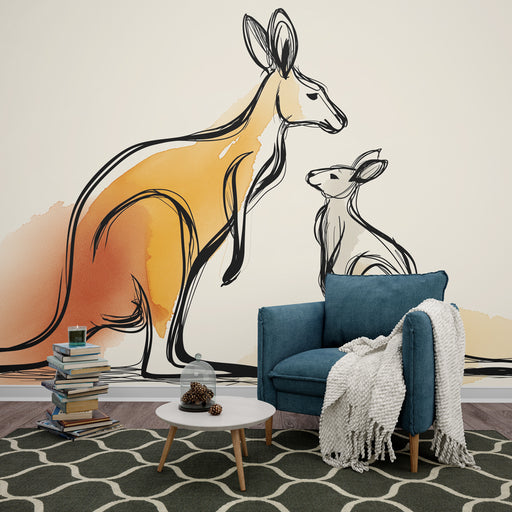 Une pièce de vie accueillante avec un papier peint illustrant des kangourous stylisés dans des teintes chaudes, créant une ambiance artistique et chaleureuse.