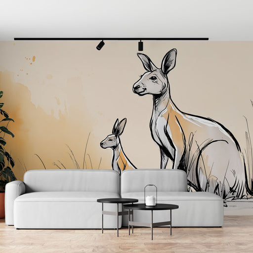 Une pièce moderne avec un papier peint illustratif représentant des kangourous en esquisse sur un fond beige doux, créant une ambiance chaleureuse et artistique.
