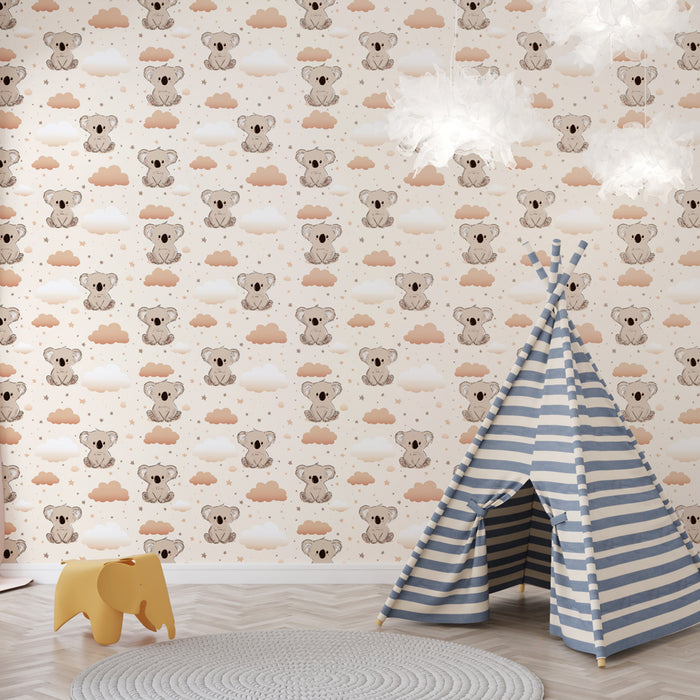 Une chambre d'enfant avec un papier peint ludique représentant des koalas sur fond pastel, créant une atmosphère douce et joyeuse.
