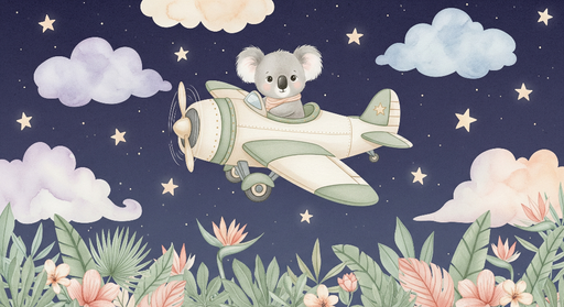 Papier peint koala avion Un koala mignon s'envolant dans les étoiles