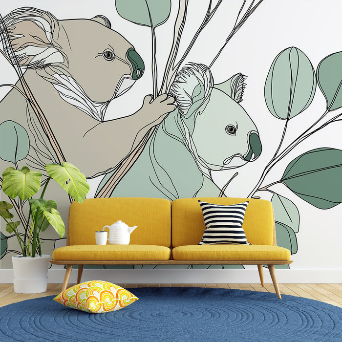 Un salon moderne avec un papier peint illustratif représentant des koalas aux teintes douces de vert et beige, créant une atmosphère apaisante et naturelle.
