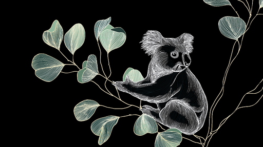 Papier peint koala Élégant koala stylisé sur fond noir avec feuillage délicat